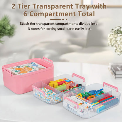 3-Layer Plastic Craft Organizers and Storage Box with Removable Trays, Storage Containers with lids and Handle, Art Supply Storage Organizer for Bead, Ornament, Nail Polish, Tape（10.62"x9"x7.67"）