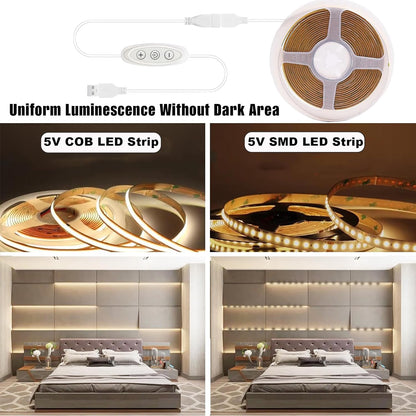 USB Light Strip Warm White 3000K CRI 92+ Small Dimmable COB LED Strip Light Cuttable 5V USB Powered 6 ft 10W for TV Backlight Cabinet Bedroom Indoor DIY Lighting Project