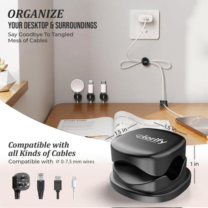 8 Pack Spring Cord Holder Clips [360° Rotatable, 1-Hand Use] — Adhesive Cable Clips for Nightstand, Desk, Wall & Kitchen | Phone Charger Cord Holder | No-Residue | Fits 2.5–8mm Cables