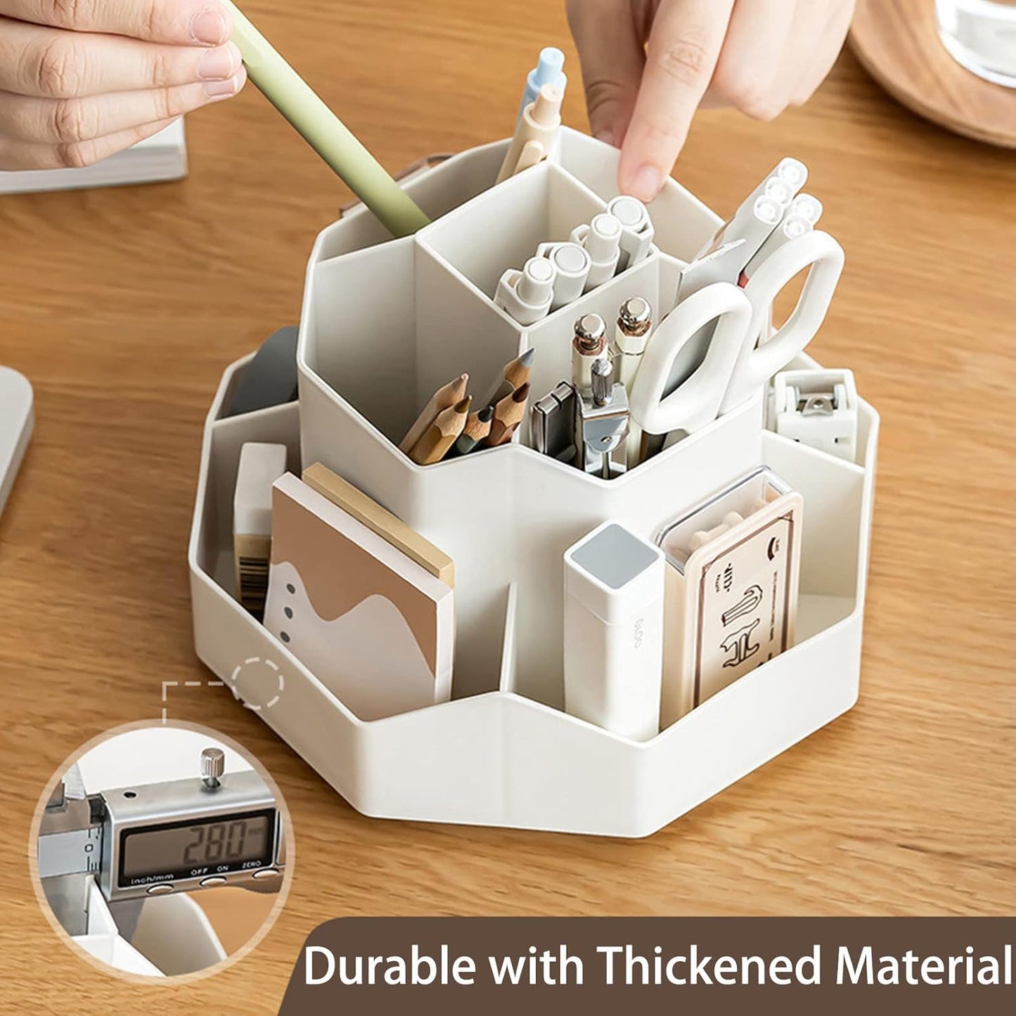 Rotating Desk Organizer, 360° Rotating Pencil Pen Holder for Desk, Desk Organizers and Accessories with 11 Slots Pencil Organizer, Art Supply Storage Box Caddy for Office (Beige)