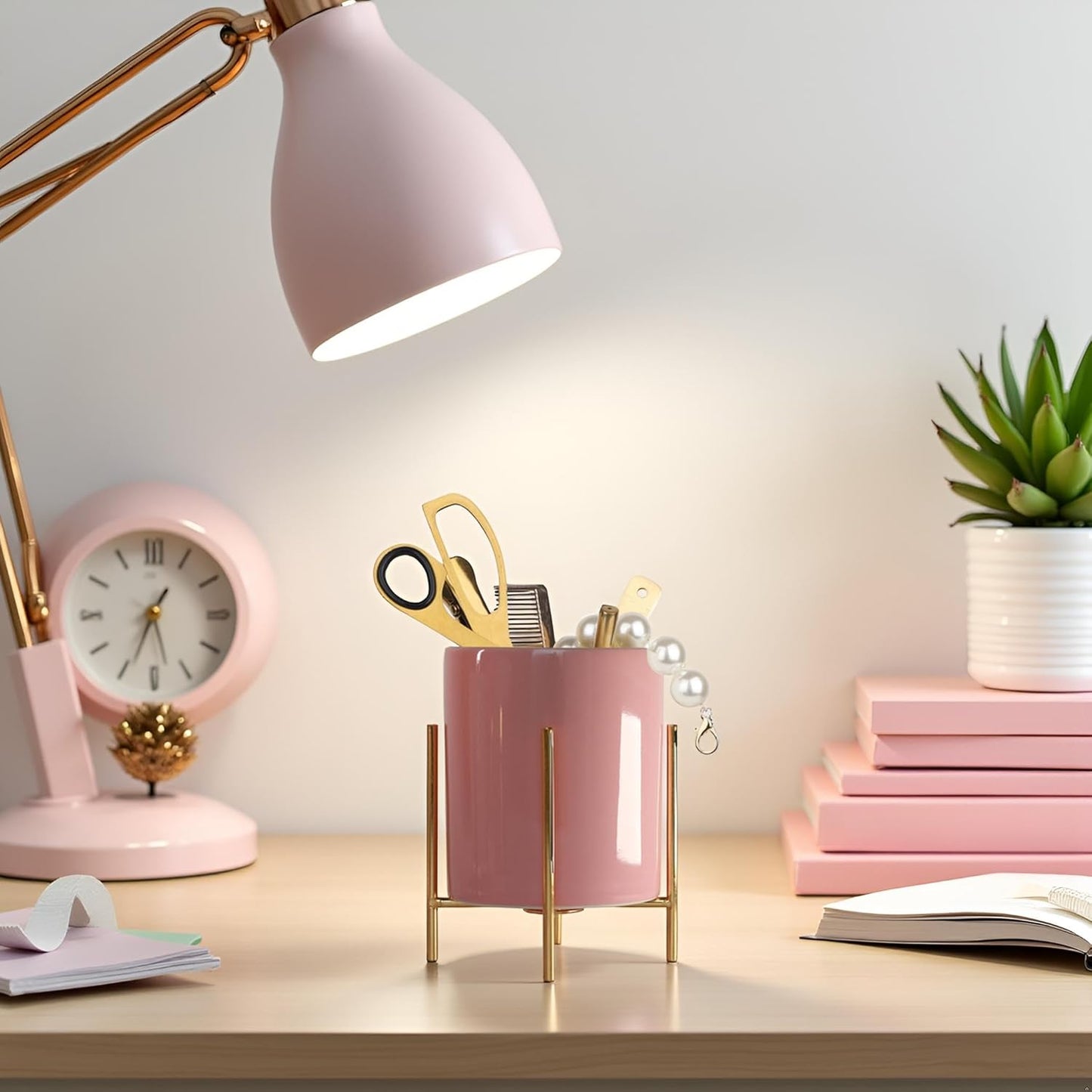 Gold Pencil Cup Sturdy Metal Frame With White Ceramic Pen Holder For Desks and kitchen Appliance Holders