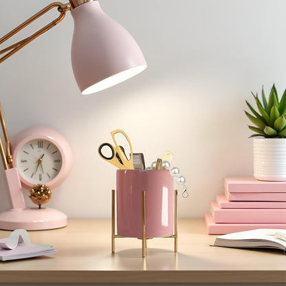 Gold Pencil Cup Sturdy Metal Frame With White Ceramic Pen Holder For Desks and kitchen Appliance Holders