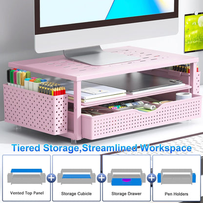 gianotter Monitor Stand Riser, Office Desk Shelf Organizer, Desk Organizer with Drawer and Pen Holder, 2-Tier Computer Stand, Office Organization (Ink)