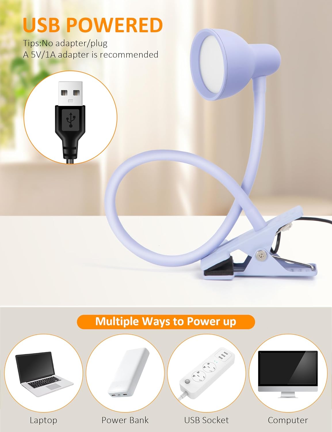Clip on Lamp USB Reading Light, 3 Color Modes, 10 Brightness Dimmable, 360° Flexible Desk Lamp with Clamp, Eye Care Clip on Light for Bed Desk Headboard Home Dorm White
