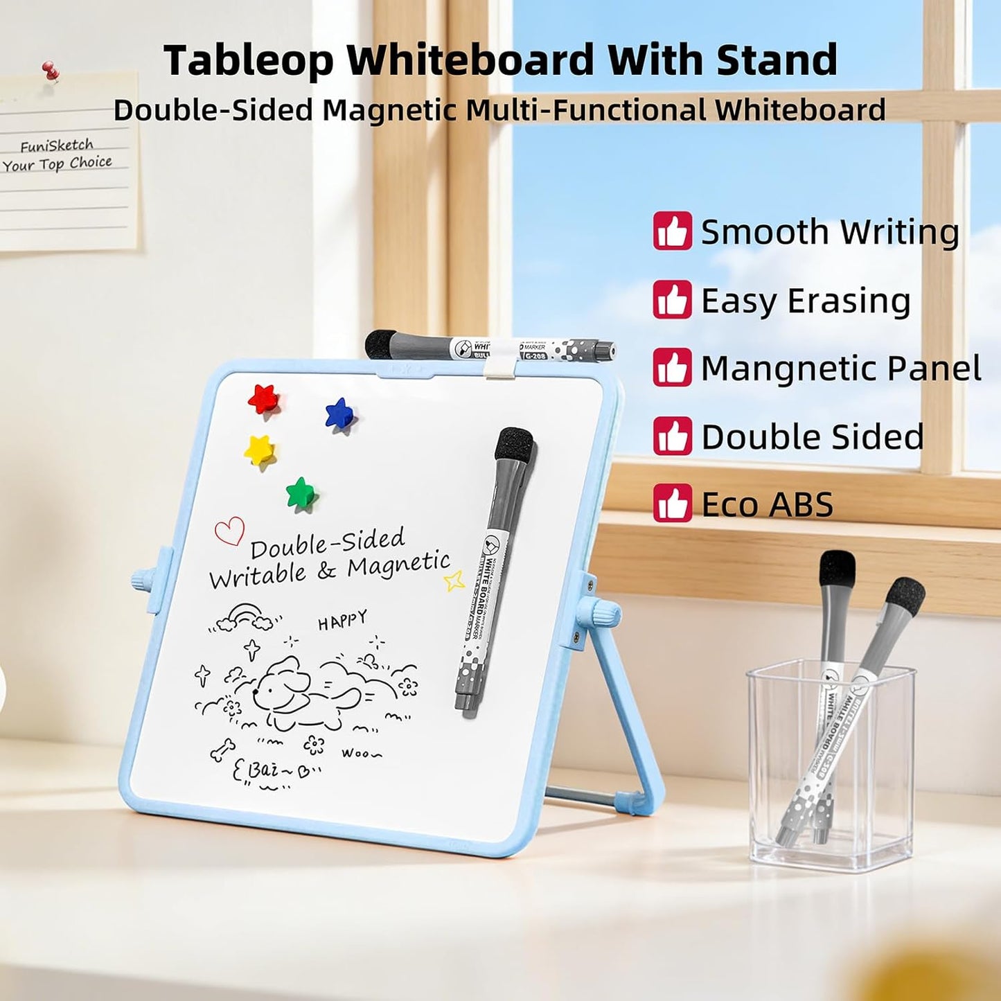 Colorful Dry Erase White Board 8.3x11in, Magnetic Desktop Board with Stand, 2 Markers (Eraser Head), 4 Magnets - Double-Sided Easel for Daily Planning, Memo, Office/Home/School (Blue)