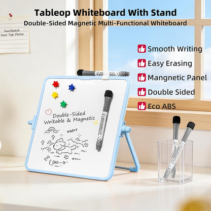 Colorful Dry Erase White Board 8.3x11in, Magnetic Desktop Board with Stand, 2 Markers (Eraser Head), 4 Magnets - Double-Sided Easel for Daily Planning, Memo, Office/Home/School (Blue)