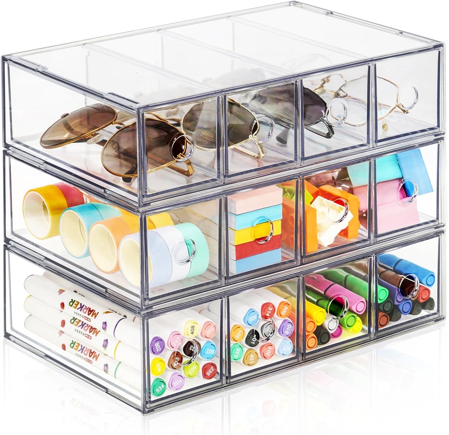 Desk Organizer with 8 Drawers, FODIENS 2 Packs Stackable Desktop Storage Box with Removable Drawer, Clear Sunglasses Organizer Display Case for Stationery Marker Pens Eyeglasses Office Supply