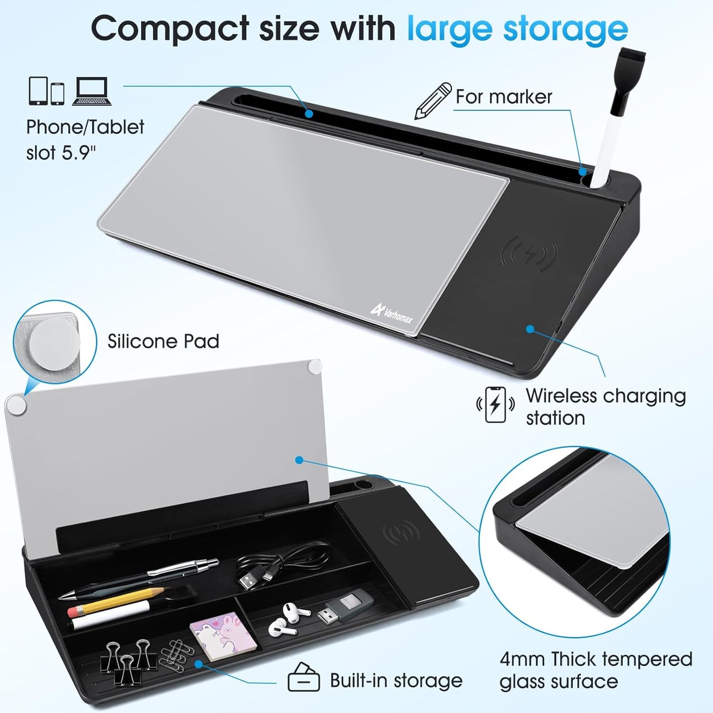 Varhomax Glass Weekly Planner Desk White Board, Desktop Calendar Whiteboard with Storage, to Do List Memo Caddy for Home Office and School Supplies, Black