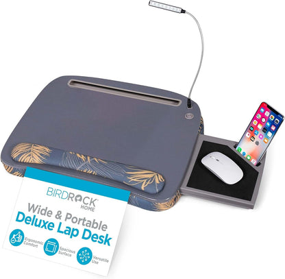 BIRDROCK HOME Deluxe Lap Desk with Memory Foam Cushion, USB Light & Dual Mouse Pads | Fits 15" Laptops, 9.6" Tablets, Phones | Portable Workstation for Teens & Adults | Tropical Grey Pattern