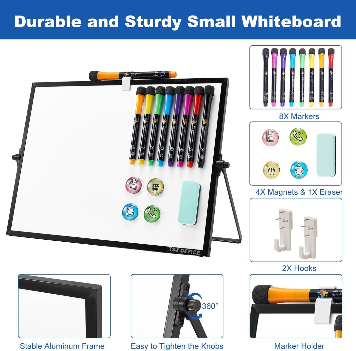 TSJ OFFICE Small White Board - 12 X 16 Inches Small Magnetic Dry Erase Board with Hooks for Wall, Desktop Whiteboard Stand 360 Degrees Revolving Double Sided for Office, Home, School, Silver
