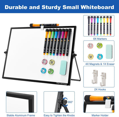 TSJ OFFICE Small White Board - 12 X 16 Inches Small Magnetic Dry Erase Board with Hooks for Wall, Desktop Whiteboard Stand 360 Degrees Revolving Double Sided for Office, Home, School, Silver