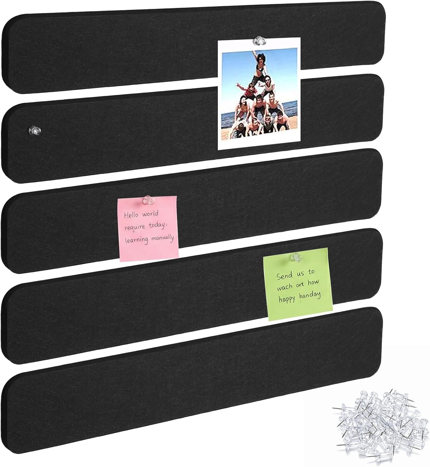 Thboxes 5 Pack Felt Bulletin Board Strips, 13x2 Inch Self Adhesive Felt Pin Boards with 30 Pushpins, Cork Board for Walls Home Office Decor(Black)