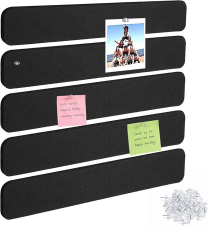 Thboxes 5 Pack Felt Bulletin Board Strips, 13x2 Inch Self Adhesive Felt Pin Boards with 30 Pushpins, Cork Board for Walls Home Office Decor(Black)