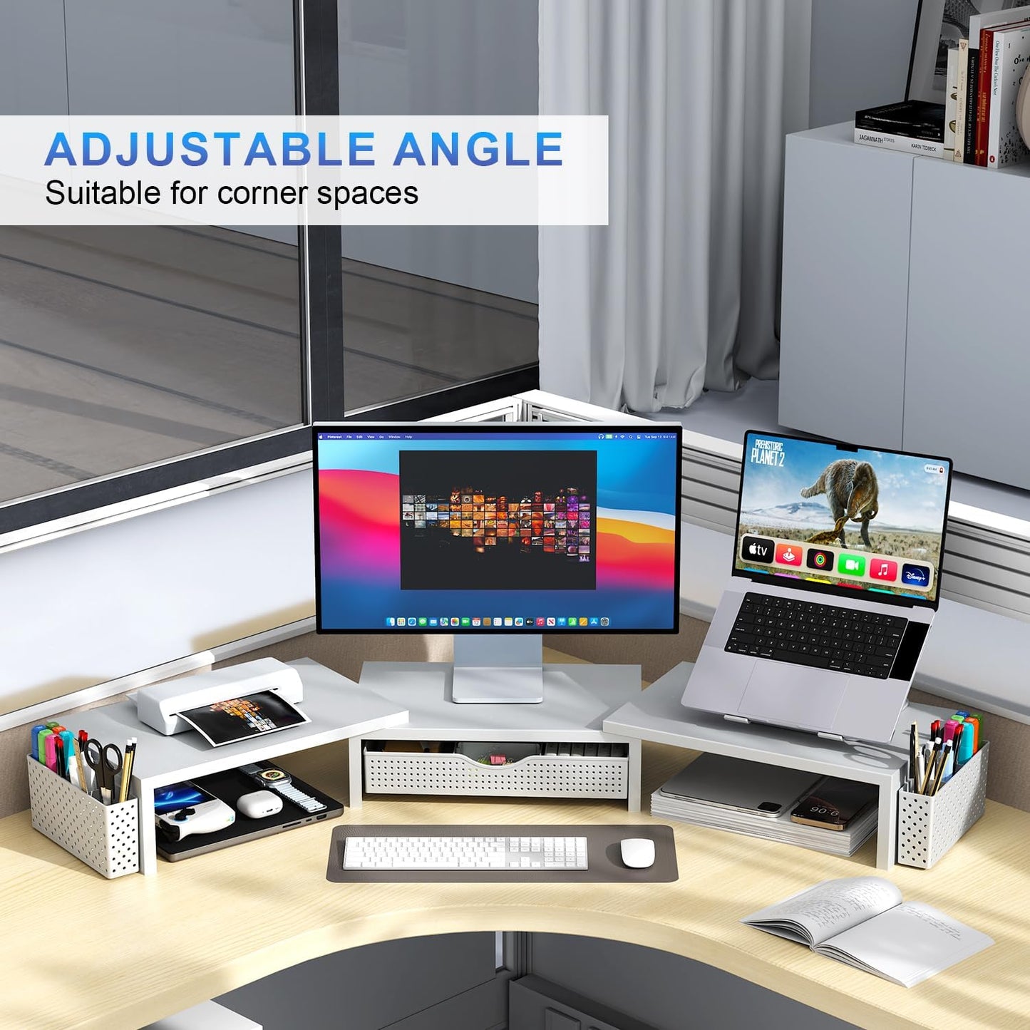 gianotter Dual Monitor Stand Riser, Desk Organizer With Drawer and 2 Pen Holders,Computer Monitor Stand, Desk Shelf for Top of Desk, Wood