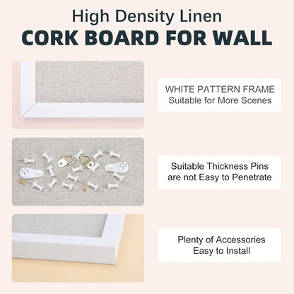 OWLKELA 12"x16" inch Bulletin Board with Linen, White Wood Style Frame, with 10 Pushpins, Linen Cork Board, Ideal for School, Home & Office