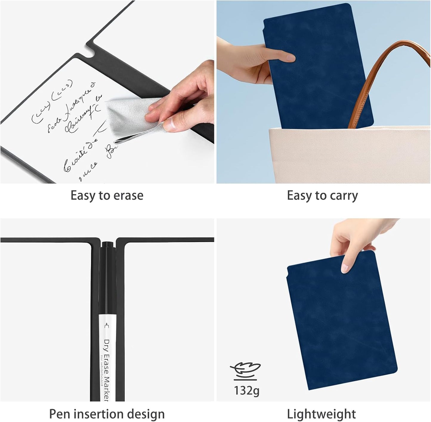 SAYEEC Whiteboard Notebook, Portable Dry Erase Board with 3 Colors Fineliner Pens, Black PU Cover Erasable Handheld White Board Reusable Drawing Notebook Easel Pad for Meeting Business Office School