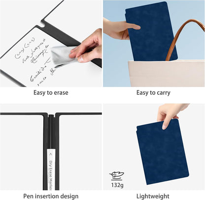 SAYEEC Whiteboard Notebook, Portable Dry Erase Board with 3 Colors Fineliner Pens, Black PU Cover Erasable Handheld White Board Reusable Drawing Notebook Easel Pad for Meeting Business Office School