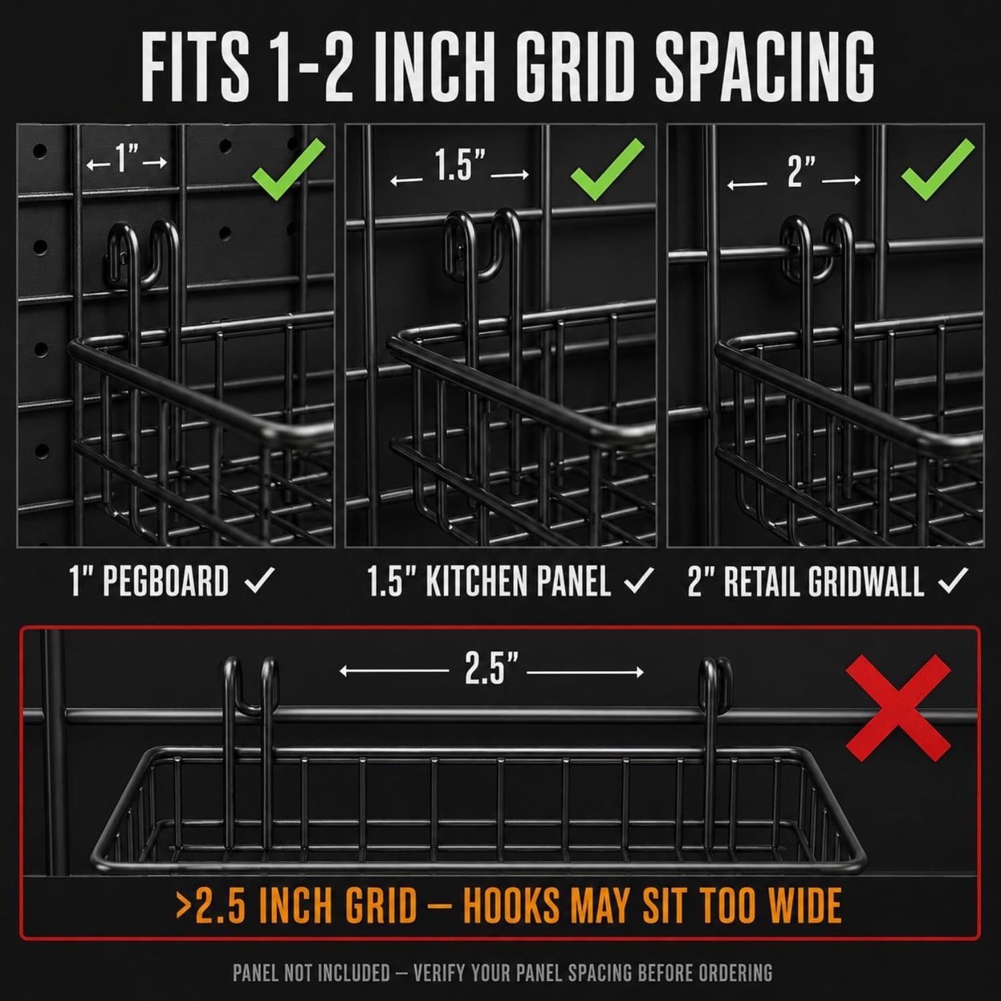 ANZOME 2 Pack 15.7 Inch Extra-Wide Hanging Wall Baskets, Sturdy Black Metal Wire Storage Basket, Fits Grid Panels with 1-2 Inch Spacing (Panel Not Included), Garage Craft Kitchen Pantry Wall Organizer