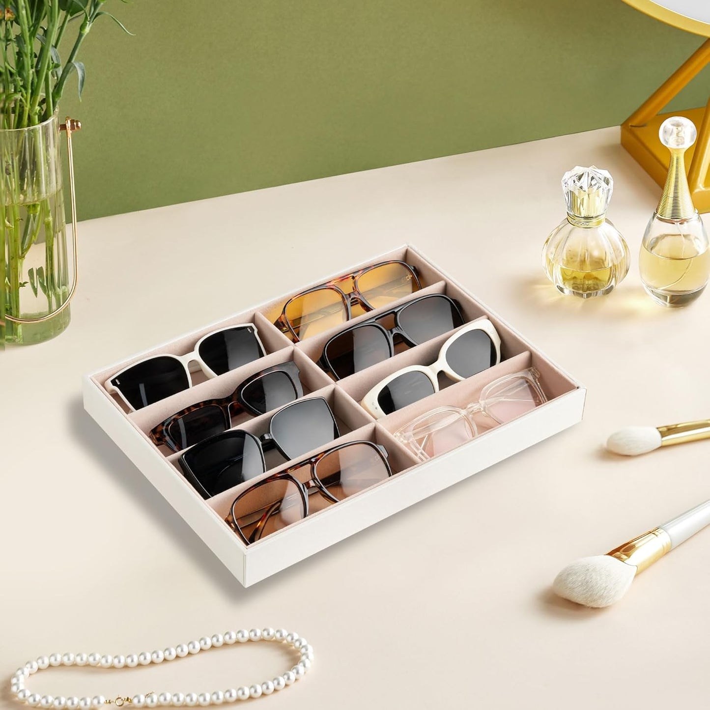 Frebeauty Sunglass Organizer,PU Leather Glasses Organizer,8-Slot Sunglasses Tray,Men's/Women's Sunglasses Box,Sunglass Case,13.3 x 9.6 x 1.5 Inches,Eyeglass/Eyewear Display Tray(Grey)