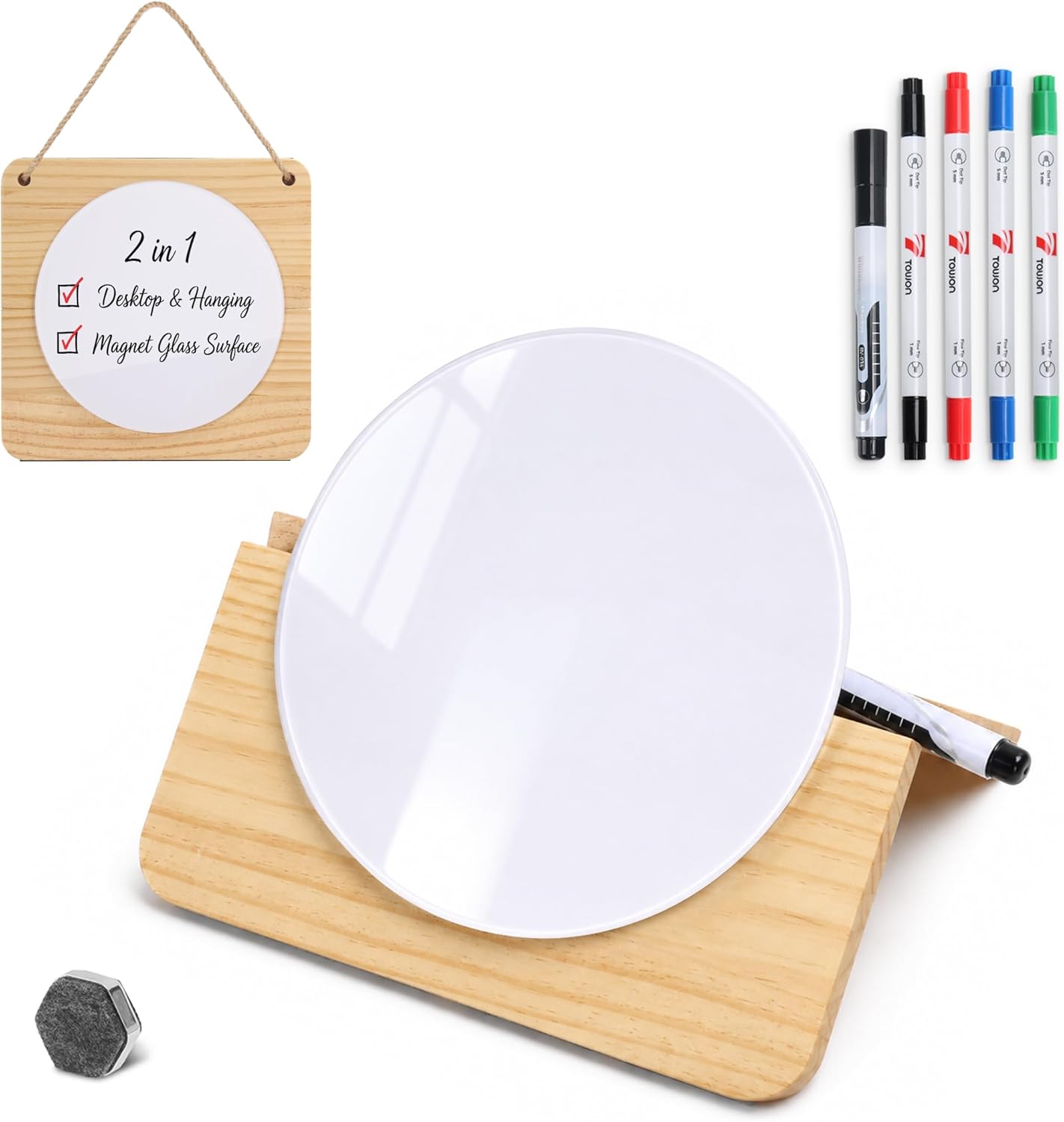Magnetic Glass Desktop Whiteboard with Solid Wood Stand, Adjustable Foldable Mini Dry Erase Board, 2-in-1 Tabletop & Hanging Glassboard with Rustic Rope, Reusable Home Office School, Black and Square
