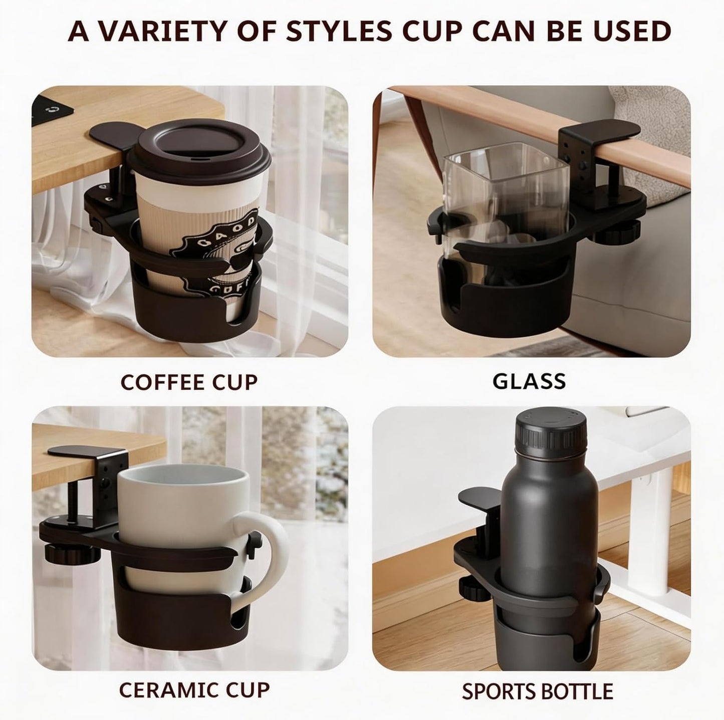 No Drill Desk Cup Holder Clamp, 360° Rotating Anti-Spill Table Cup Holder, Adjustable Clip on Cup Holder for Gaming Desk, Gamer Gift, Drink Holder for Coffee Cup, Office Accessories (Sleek)