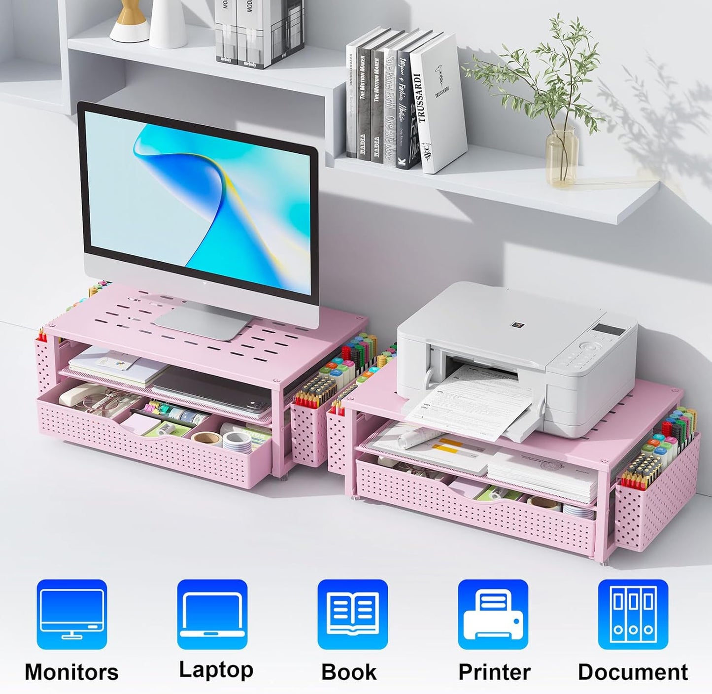 gianotter Monitor Stand Riser, Office Desk Shelf Organizer, Desk Organizer with Drawer and Pen Holder, 2-Tier Computer Stand, Office Organization (Ink)