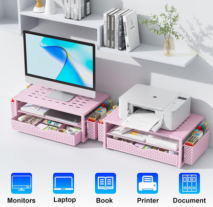 gianotter Monitor Stand Riser, Office Desk Shelf Organizer, Desk Organizer with Drawer and Pen Holder, 2-Tier Computer Stand, Office Organization (Ink)