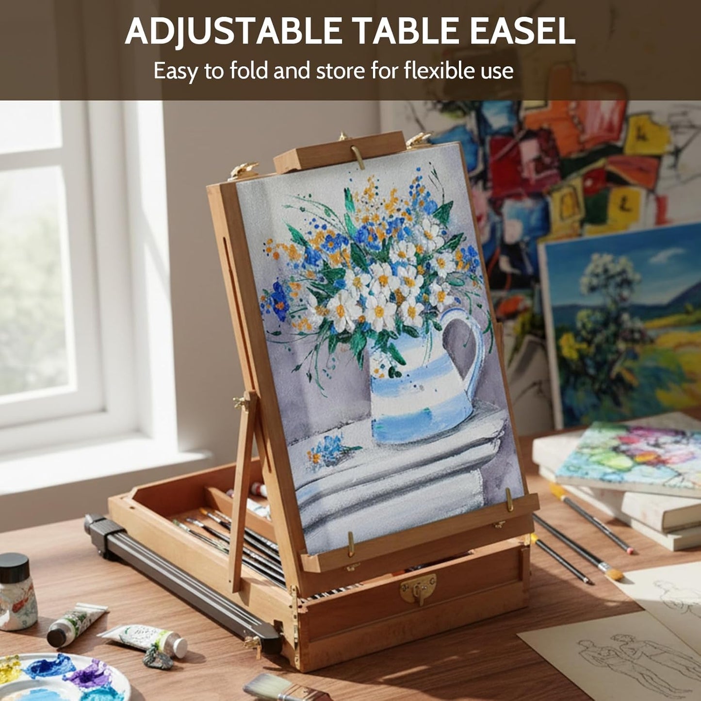 Falling in Art Light Weight French Style Field and Sketchebox Easel with Aluminum Tripod, Adjustable Beechwood Tripod Standing Easel with Drawer, Palette