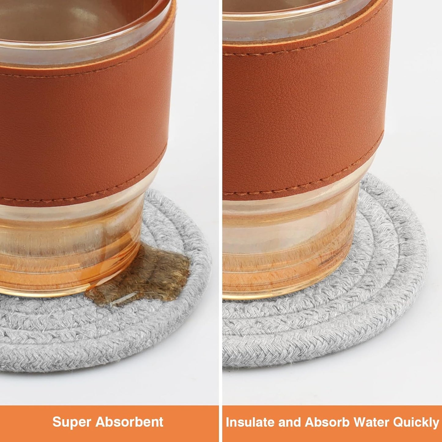 4.8" Drink Cotton Coasters Set of 2 – Boho Woven Drink Pads for Coffee & Tea, Neutral Sandstone Blend Fabric Cup Mats for Desk, Table, Nightstand, Dorm, Giftable Absorbent Coaster Set (Latte)