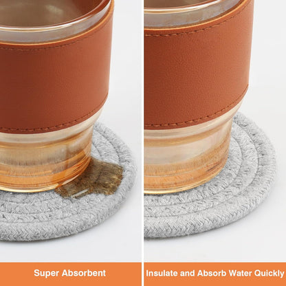 4.8" Drink Cotton Coasters Set of 2 – Boho Woven Drink Pads for Coffee & Tea, Neutral Sandstone Blend Fabric Cup Mats for Desk, Table, Nightstand, Dorm, Giftable Absorbent Coaster Set (Latte)
