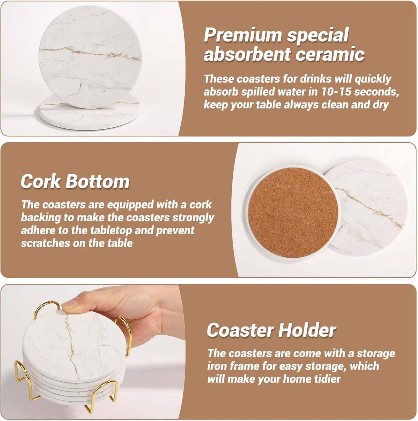 Acejoz Drink Coasters with Holder for Coffee Table, Absorbent Coaster Set of 6, Marble Style Ceramic Coaster for Wooden Table, Suitable for Kinds of Cups, Home Decor, 4 Inches