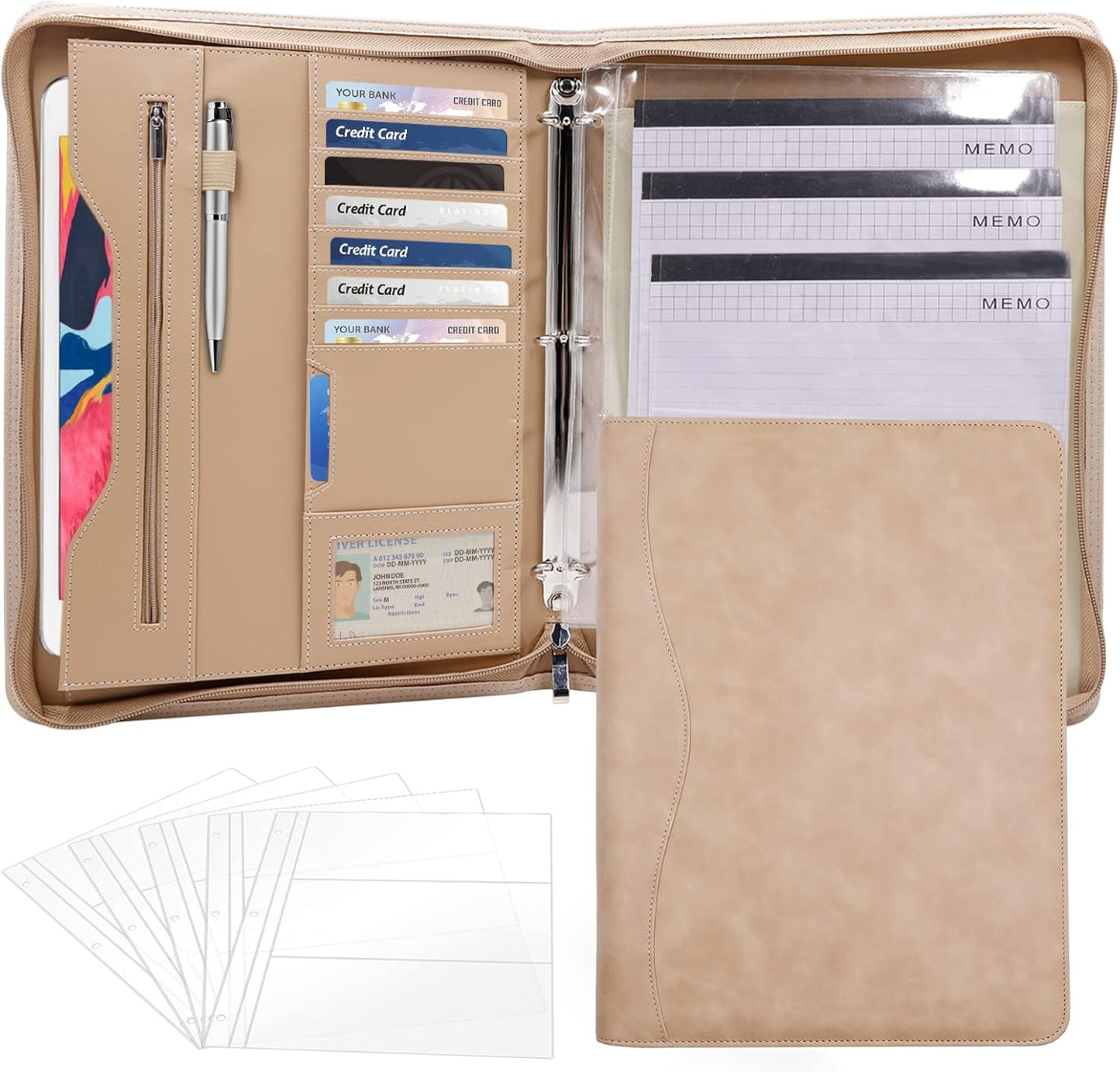 Padfolio Portfolio Folder Binder-Organizer Planner Notebook Zippered Portfolio Padfolio for Women & Men with Document Sleeve,Letter/A4 Size Clipboard,Business Card Holders (Brown Leaf)