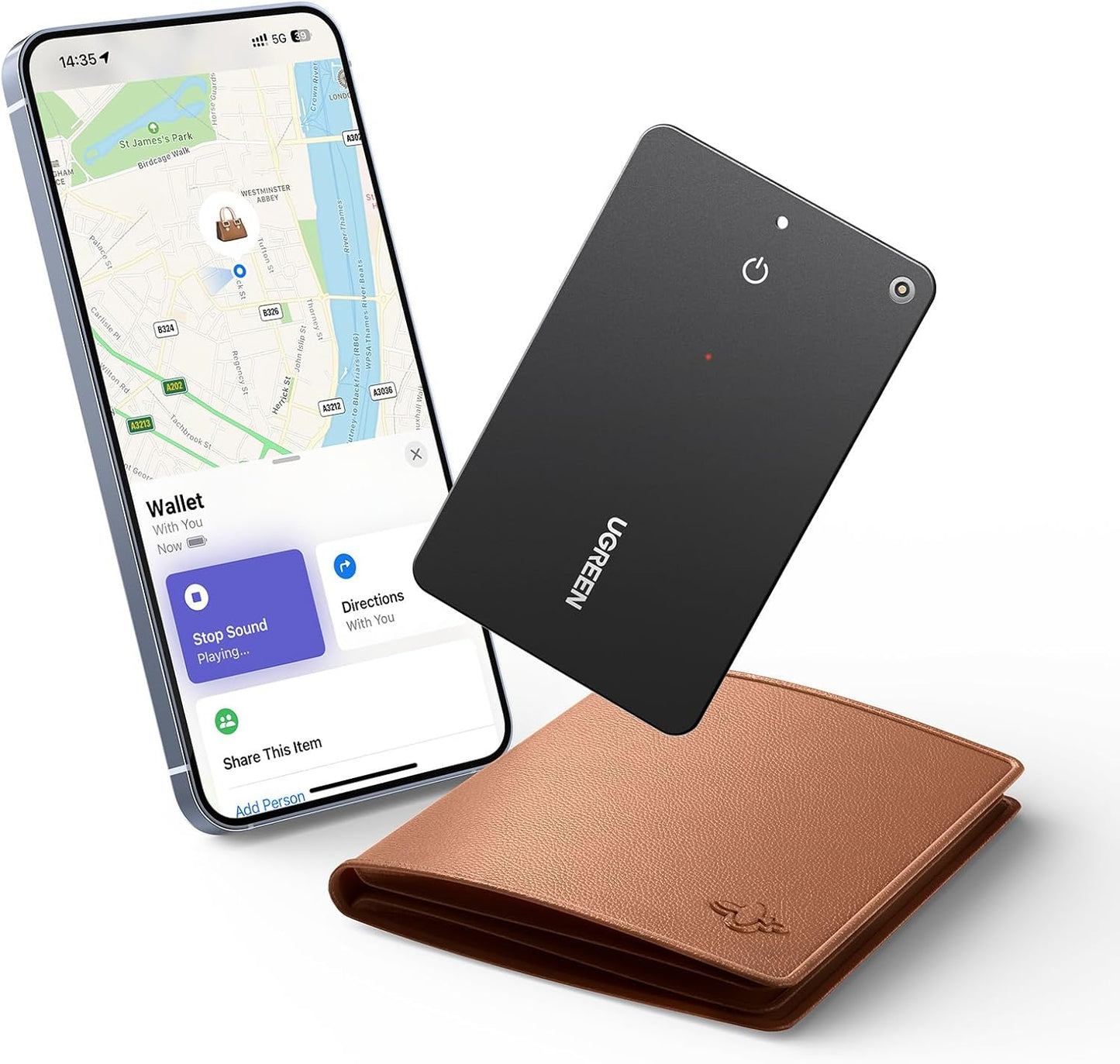 UGREEN FineTrack Slim Wallet Tracker Card (iOS Only), Bluetooth Tracker Card Finder 0.07in &IP68 Waterproof &One Charge Lasts A Year, Work with Apple Find My Rechargeable Tracker[Apple MFi Certified]