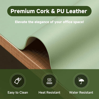 Double-Sided Desk Pad - 35.4" x 17.7" Leather Desk Mat, Eco-Friendly Cork Desk Protector, Waterproof Large Mouse Pad, Durable Desk Blotter for Office (Green)