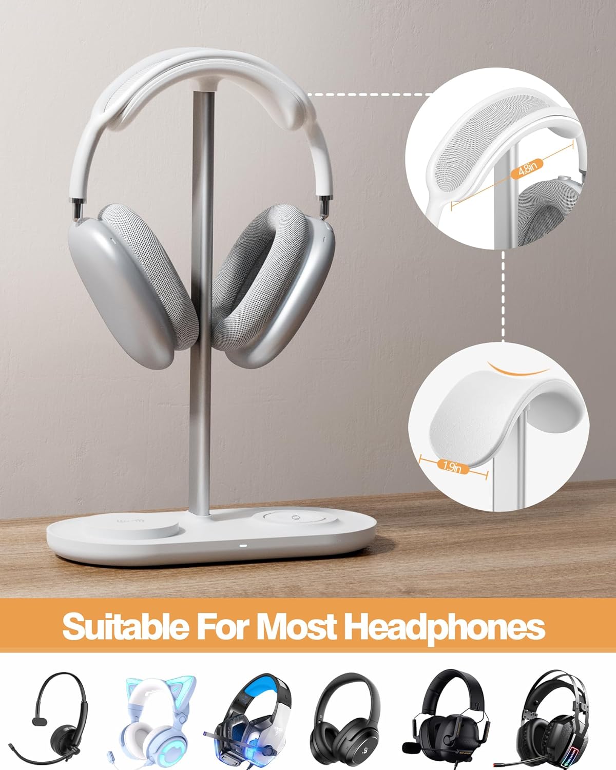 HiWe 4-in-1 RGB Gaming Headphone Stand with Dual Controller Holder, Wireless Charger for iPhone/Apple Watch, USB-A & USB-C Outputs, Adapter Included, Black