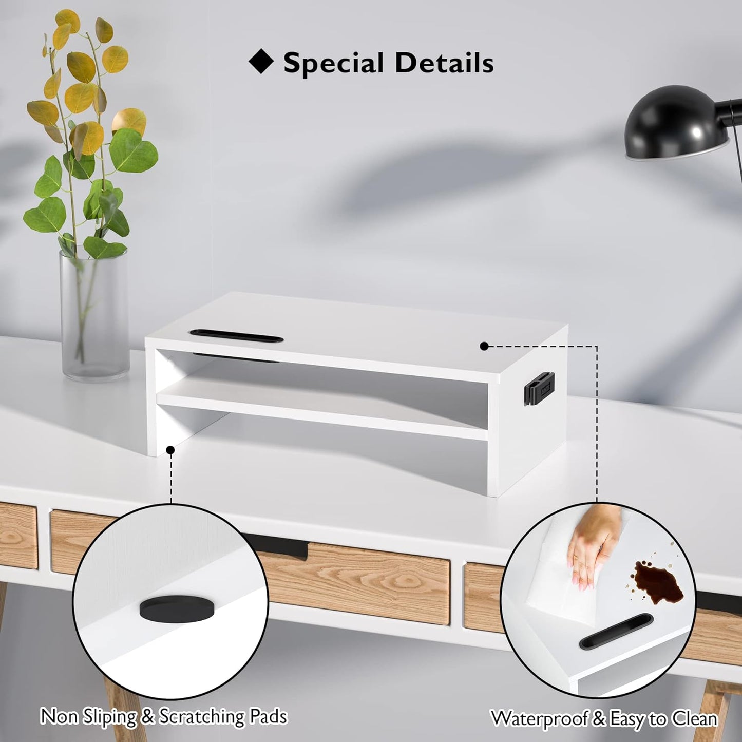 BONTEC Wooden Monitor Stand Riser for Desk, 2-Tier Computer Monitor Stand with Storage, 66 lbs Desk Shelf Organizer, Laptop & Printer Stand with Phone Holder and Cable Management, White, 16.5 Inch