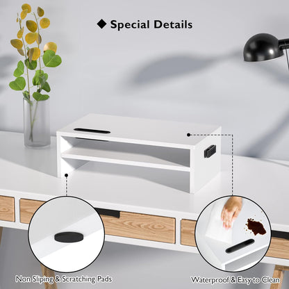 BONTEC Wooden Monitor Stand Riser for Desk, 2-Tier Computer Monitor Stand with Storage, 66 lbs Desk Shelf Organizer, Laptop & Printer Stand with Phone Holder and Cable Management, White, 16.5 Inch