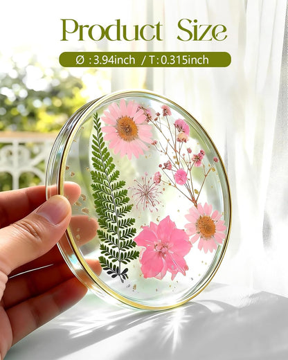 Oqplog Resin Drink Coaster for Desk Coffee Table-White Cute Dried Flowers Cup Coaster for Work Office Home Outdoor Decor Gifts for Girls Women,1 Pcs