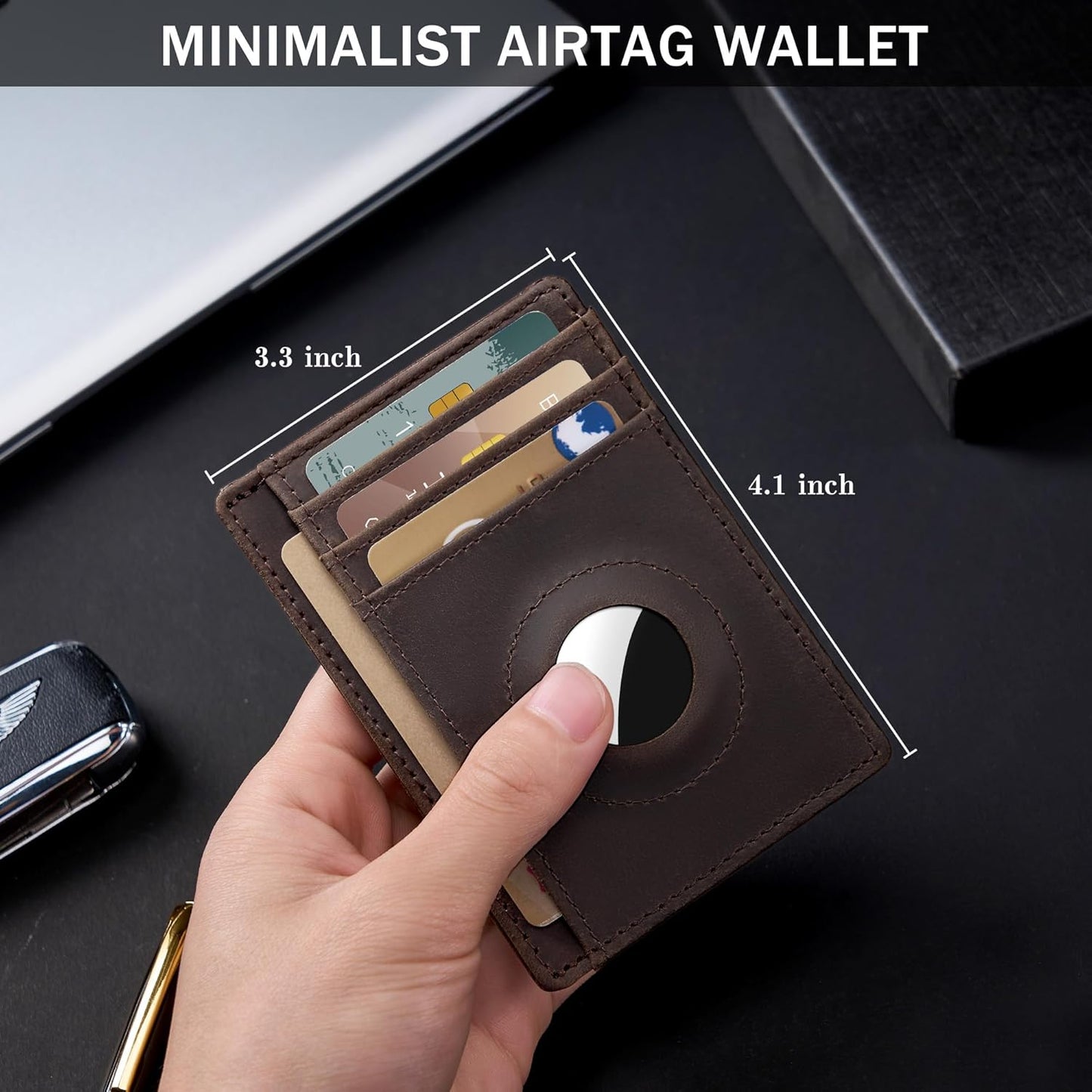 Wallet with Airtag Holder Genuine Leather Wallets Slim Minimalist Card Holder RFID Blocking Card Wallet Compatible with AirTag