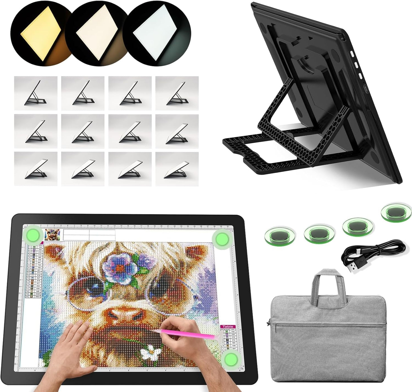 YINGWOND Rechargeable A4 Light Pad with Stand,7100LUX Magnetic Diamond Art Light Board,3 Light Colors,Adjustable Brightness,Portable Wireless Light Box for Tracing,Drawing,Sketching