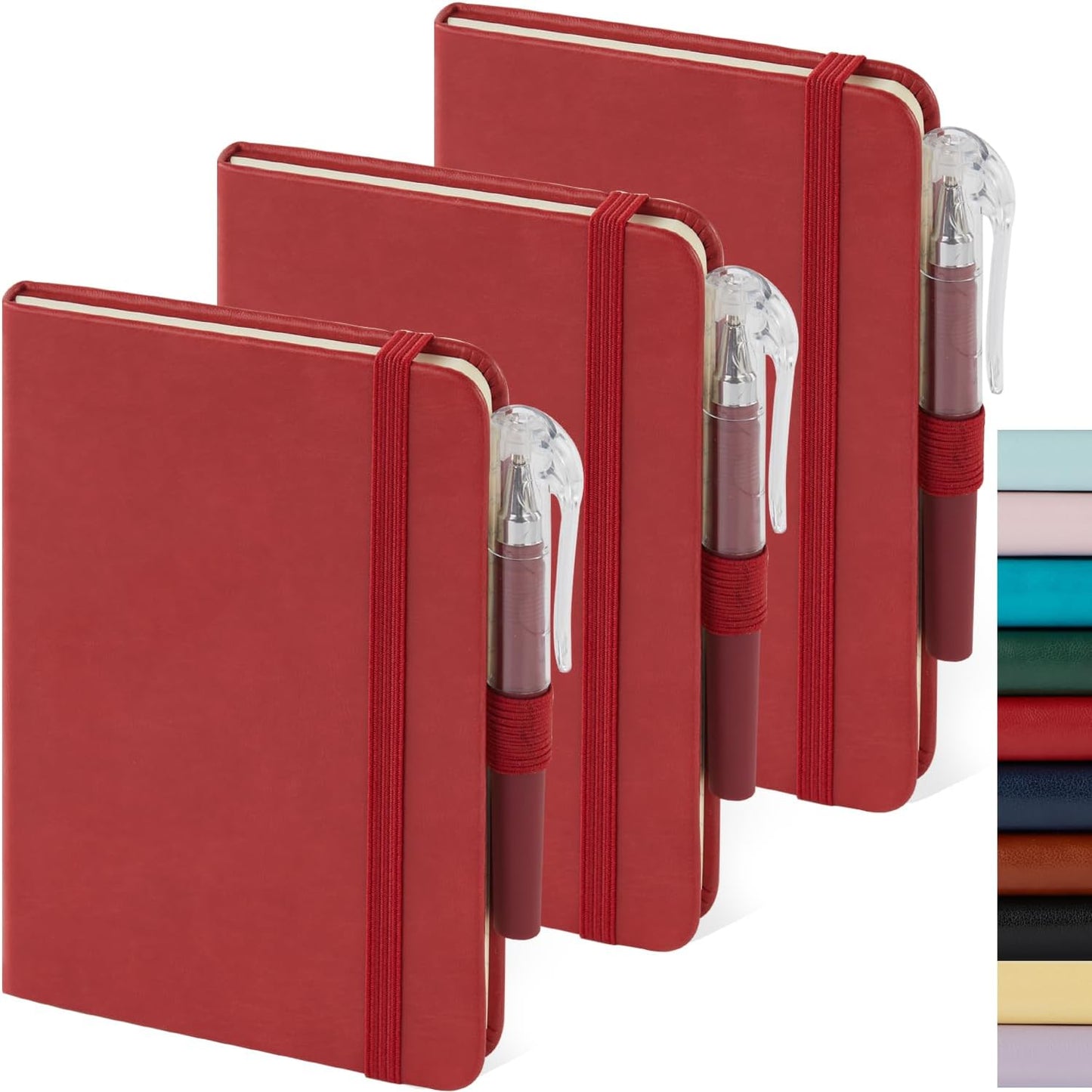 NIRMIRO 3 Pack Pocket Notebook Journals, Small Notepad Notebooks for Note Taking, A6 Mini Note pads with Pen Holder, 408 Lined Pages, 3.7" x 5.7", Black, Brown, Blue