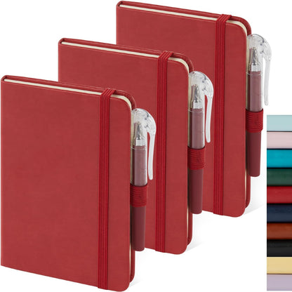 NIRMIRO 3 Pack Pocket Notebook Journals, Small Notepad Notebooks for Note Taking, A6 Mini Note pads with Pen Holder, 408 Lined Pages, 3.7" x 5.7", Black, Brown, Blue