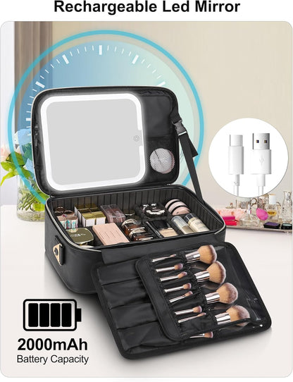 Relavel Travel Makeup Bag With LED Mirror, Cosmetic Train Case with Light up Mirror, Portable Makeup Artist Organizer Bag with Adjustable Dividers, Makeup Brush Holder Storage, Black