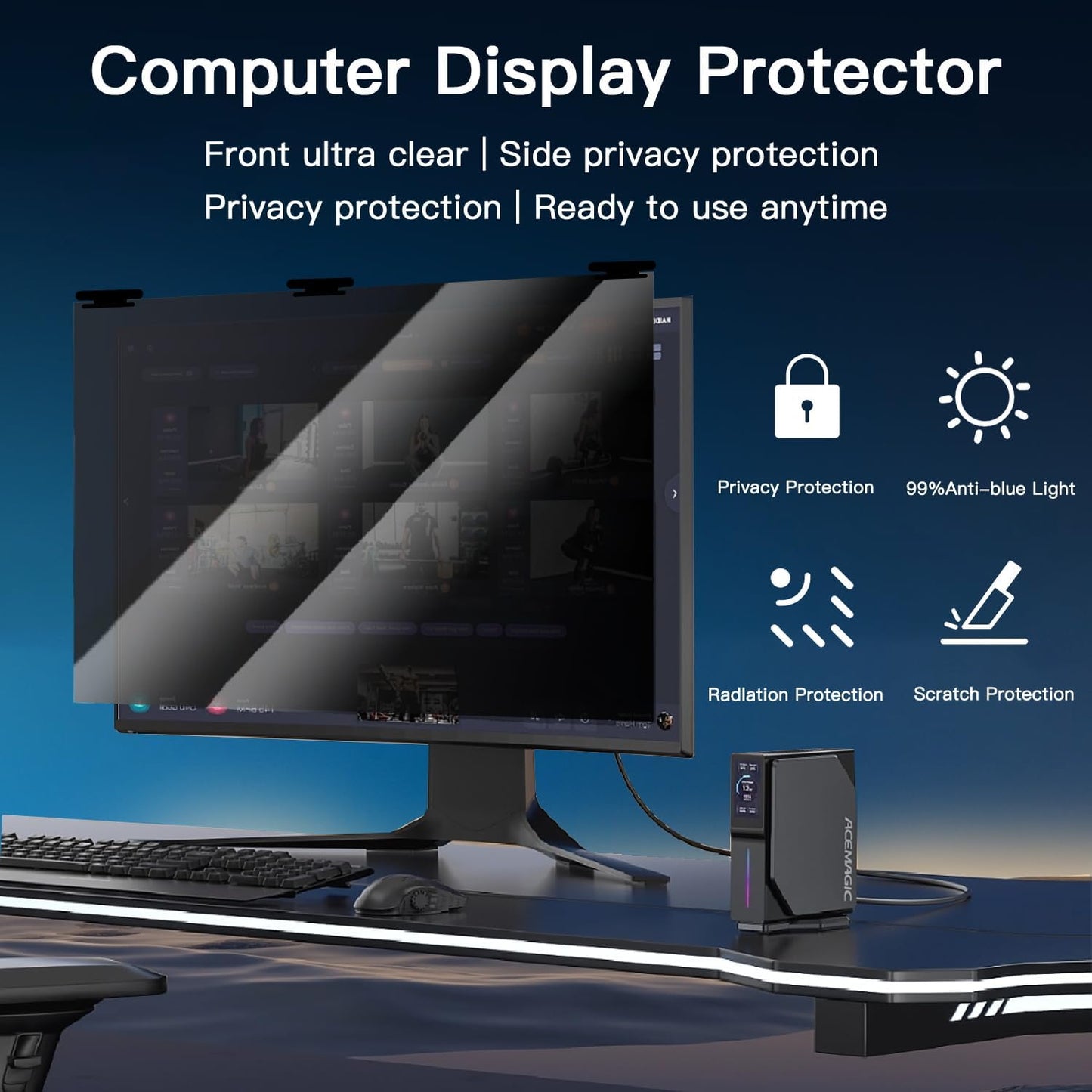 2 Pack Magnetic Hanging Computer Privacy Screen 24 Inch for 16:9 Widescreen Monitor, Removable Privacy Screen Anti Glare Blue Light Computer Screen Privacy Shield, Anti-Scratch 24in Protector Film