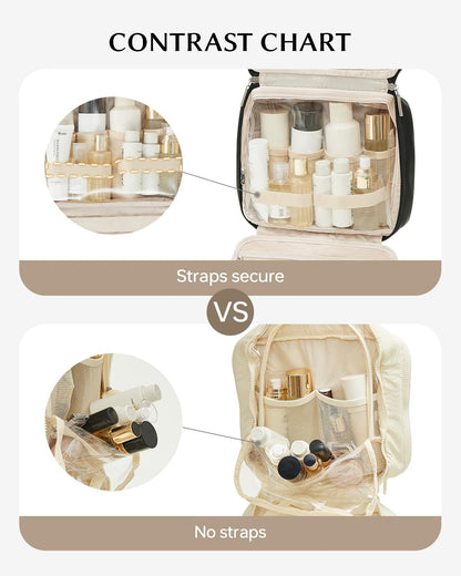 EACHY Toiletry Bag with Hanging Hook, Travel Makeup Bag PU Leather Cosmetic Bags for Women Make Up Organizer with 4 Compartments Waterproof Full-Size Portable Travel Essentials (Beige)