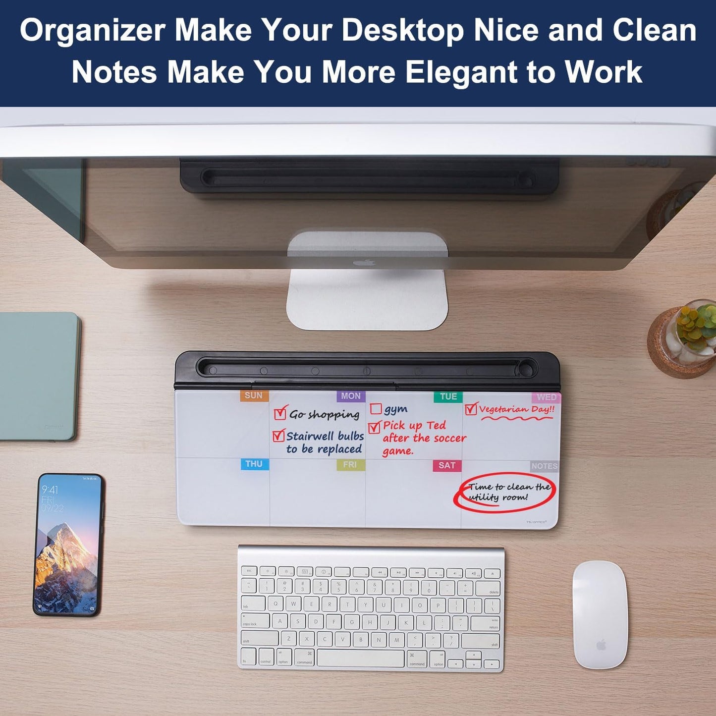 TSJ OFFICE Small Desktop Whiteboard -Glass Dry Erase Board Computer Keyboard Stand White Board Surface Pad with Drawer, Desk Organizers with Accessories for Office, Home, School Supplies - White