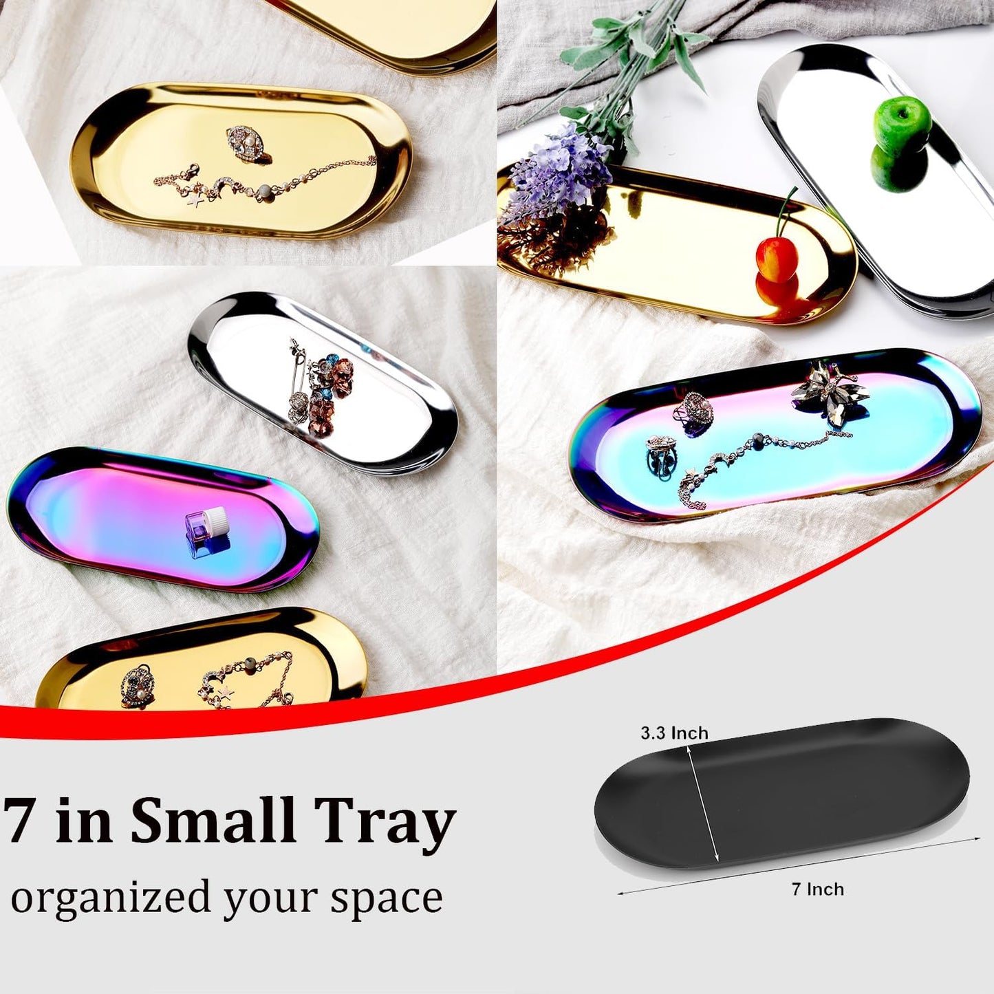 Stainless Steel Decorative Tray, Set of 2, 7 Inch Long, Jewelry Dish Cosmetics Organizer Bathroom Clutter Serving Platter Small Storage Tray, Oval, Matte Black