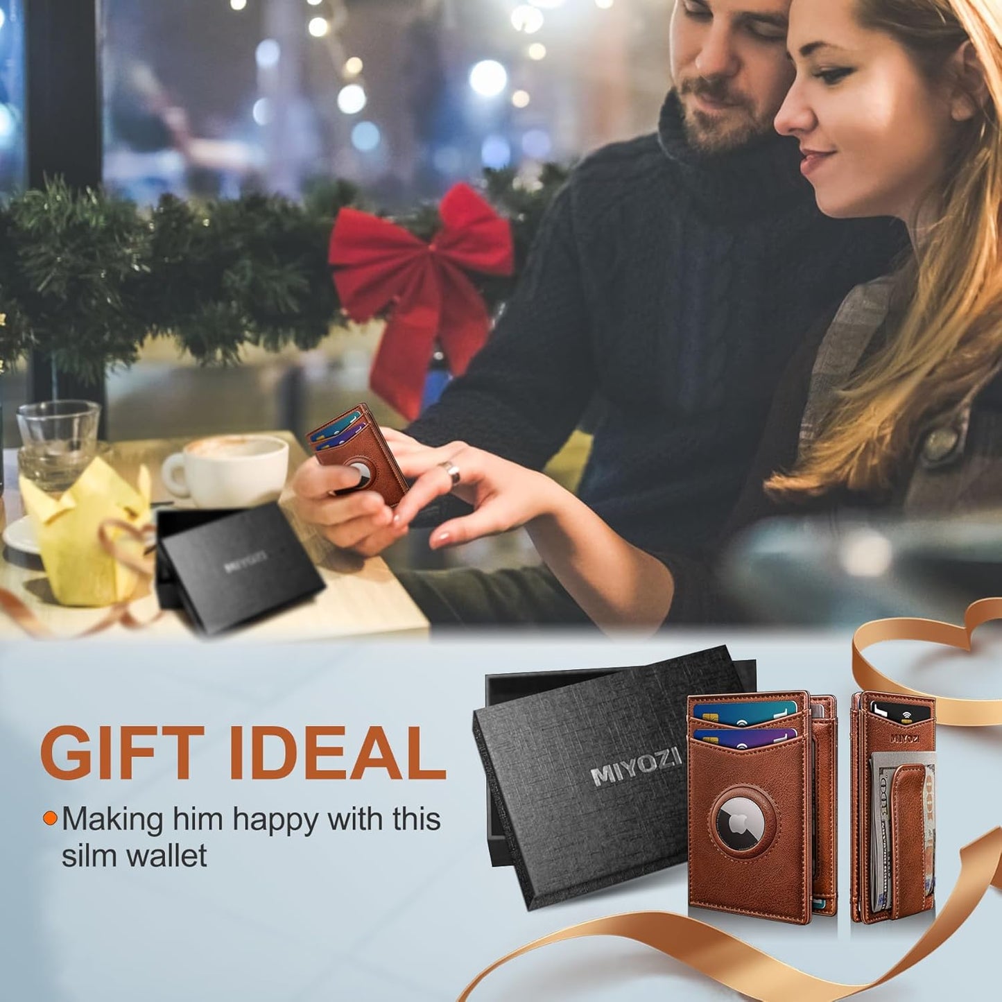 miyozi Airtag Wallet for Men- with Money Clip Gift Boxed, Magnetic Closure Slim Genuine Leather Front Pocket Wallet, 4.1"x 2.8", RFID Blocking