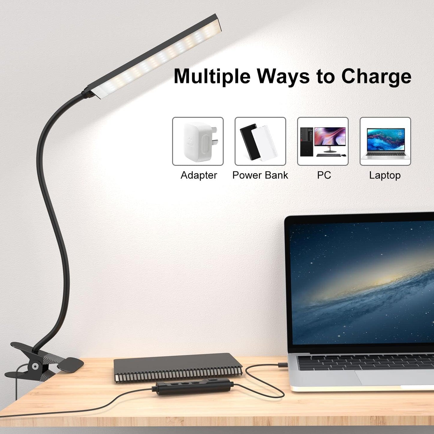 Vansuny Clip on Light LED Desk Lamp with Eye-Caring LED Light and Metal Clip, 6 Level Brightness 3 Color Modes, Power by USB Port 5W Adjustable Neck Reading Lamp for Home and Office (5W, Black)