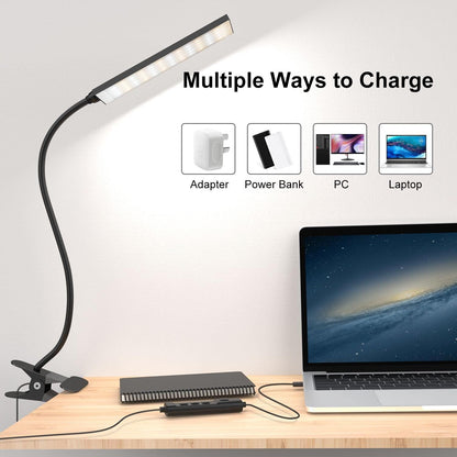 Vansuny Clip on Light LED Desk Lamp with Eye-Caring LED Light and Metal Clip, 6 Level Brightness 3 Color Modes, Power by USB Port 5W Adjustable Neck Reading Lamp for Home and Office (5W, Black)